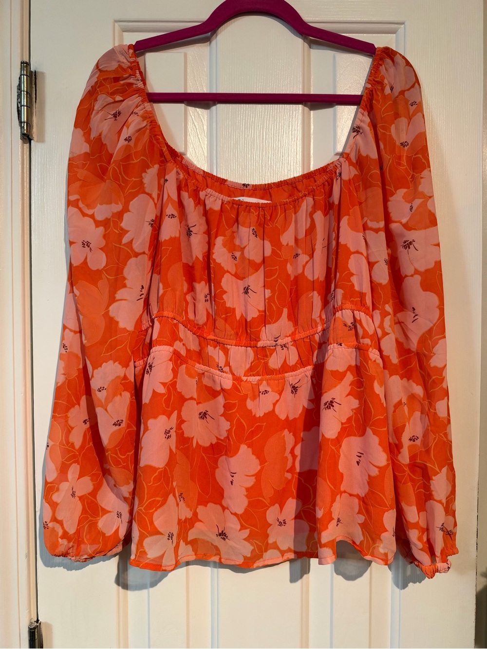 DR2 Orange Floral Peasant Blouse with Pink Blooms